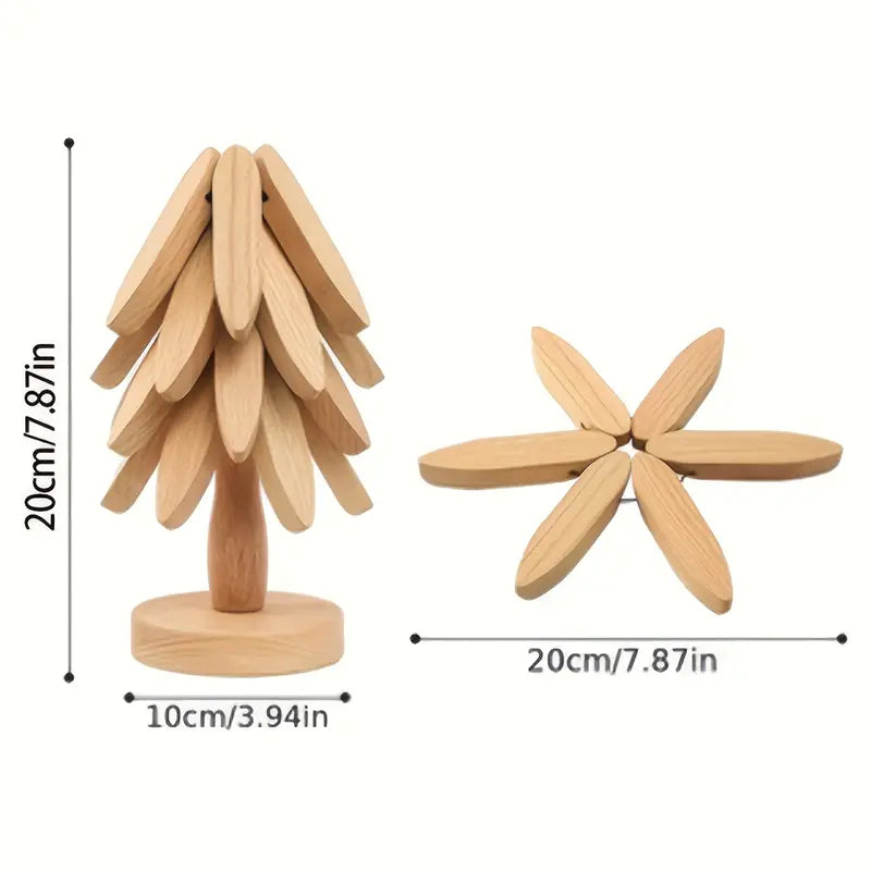 "One Tree" Foldable Wooden Trivet Set – Christmas Tree Shape Kitchen & Table Décor