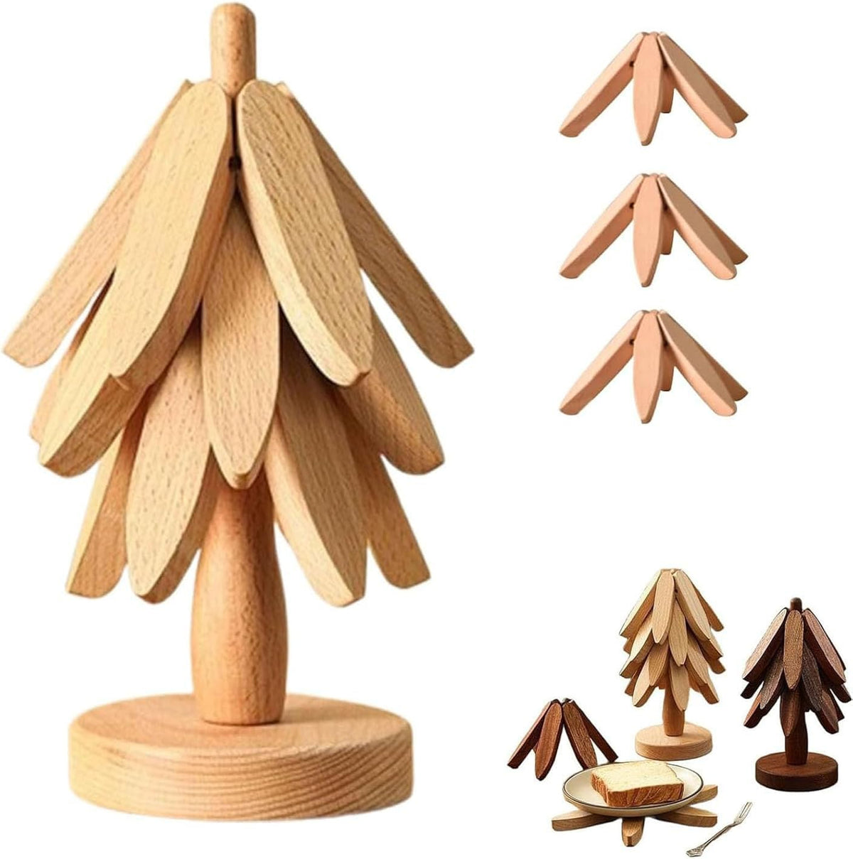 "One Tree" Foldable Wooden Trivet Set – Christmas Tree Shape Kitchen & Table Décor