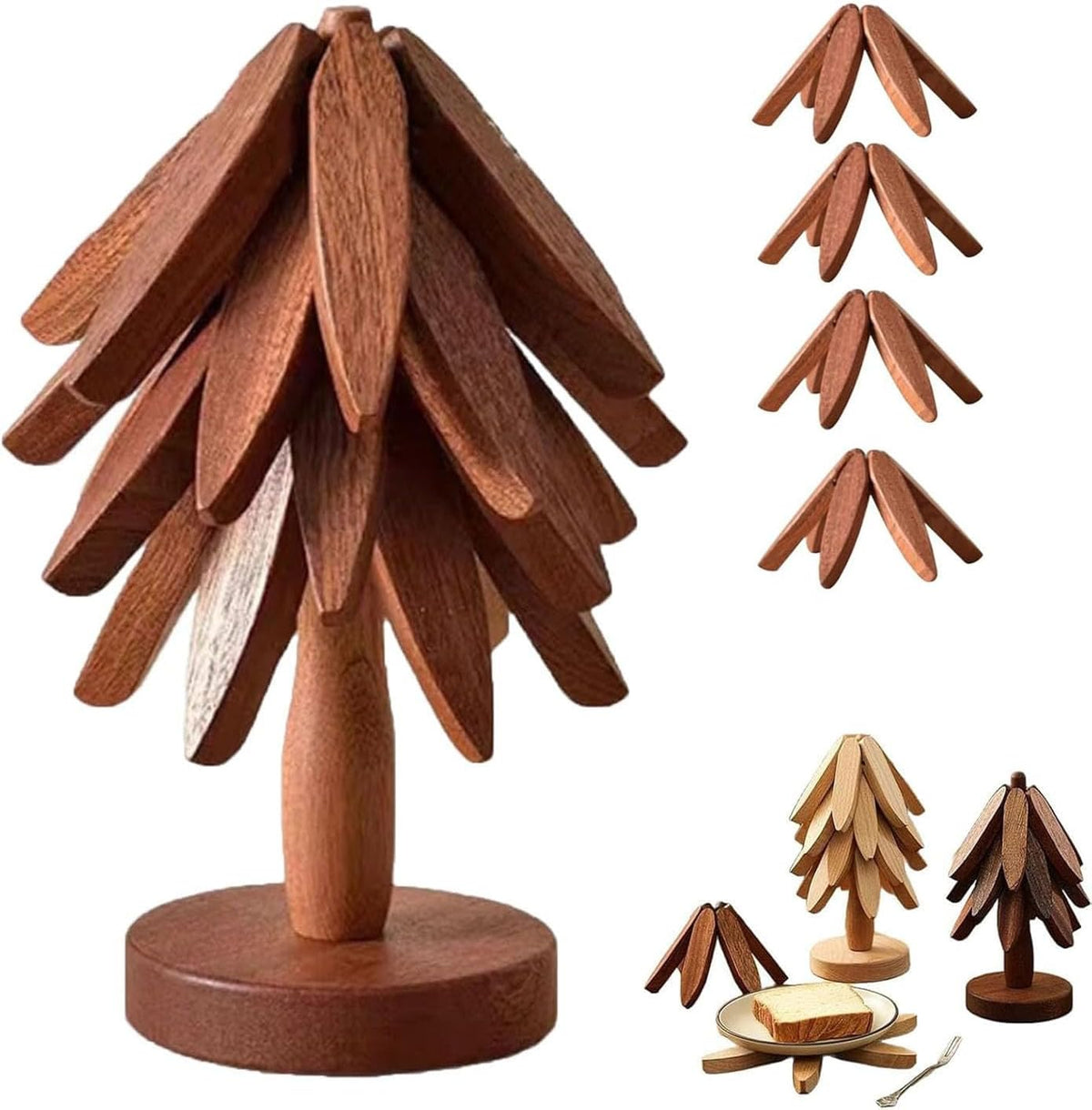 "One Tree" Foldable Wooden Trivet Set – Christmas Tree Shape Kitchen & Table Décor