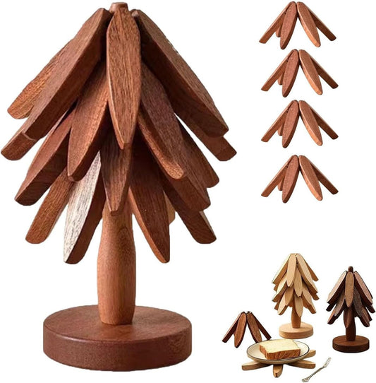 "One Tree" Foldable Wooden Trivet Set – Christmas Tree Shape Kitchen & Table Décor