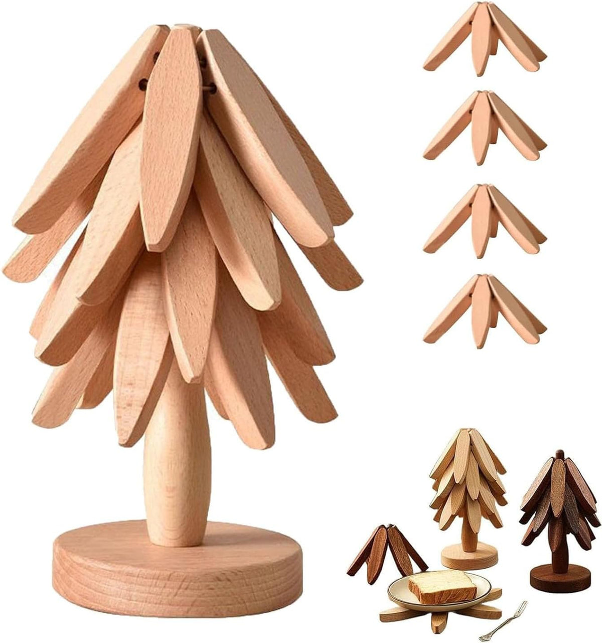"One Tree" Foldable Wooden Trivet Set – Christmas Tree Shape Kitchen & Table Décor
