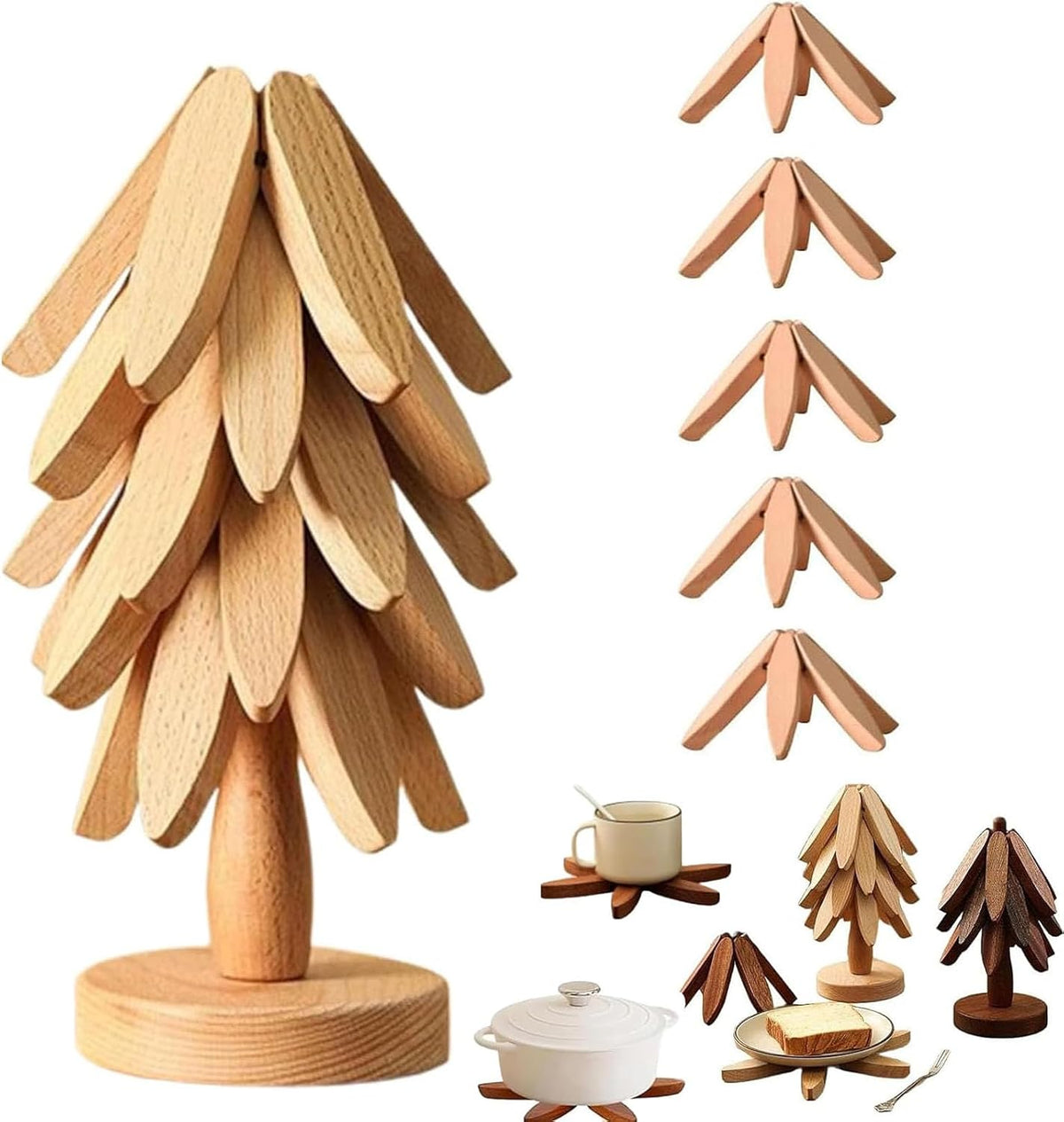 "One Tree" Foldable Wooden Trivet Set – Christmas Tree Shape Kitchen & Table Décor