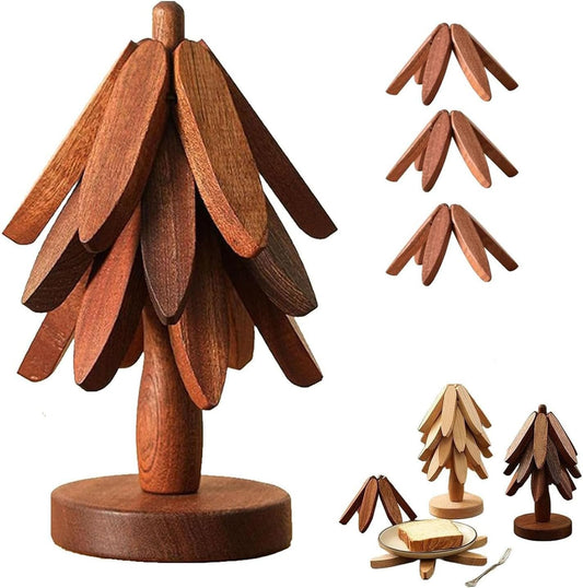 "One Tree" Foldable Wooden Trivet Set – Christmas Tree Shape Kitchen & Table Décor