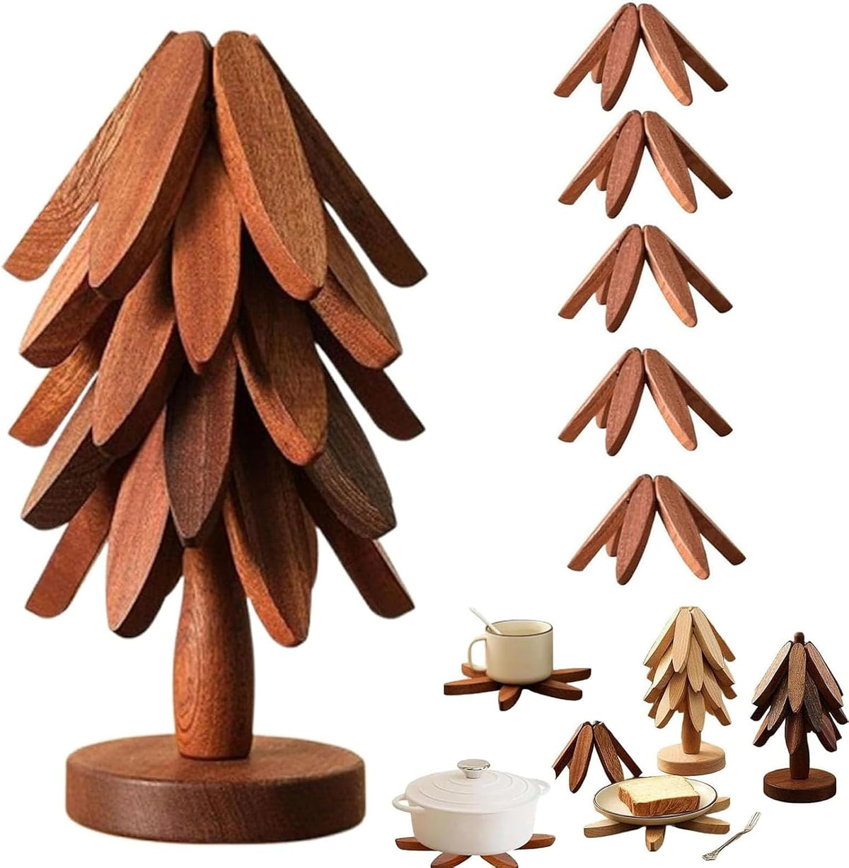"One Tree" Foldable Wooden Trivet Set – Christmas Tree Shape Kitchen & Table Décor