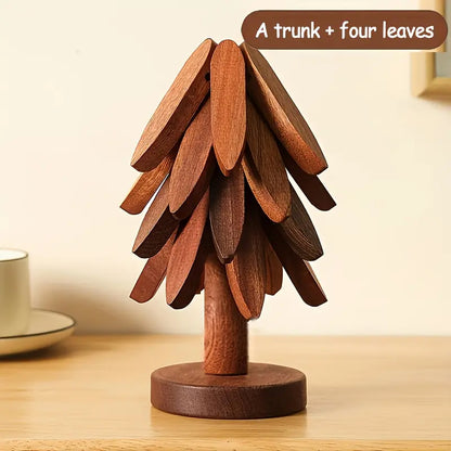 "One Tree" Foldable Wooden Trivet Set – Christmas Tree Shape Kitchen & Table Décor